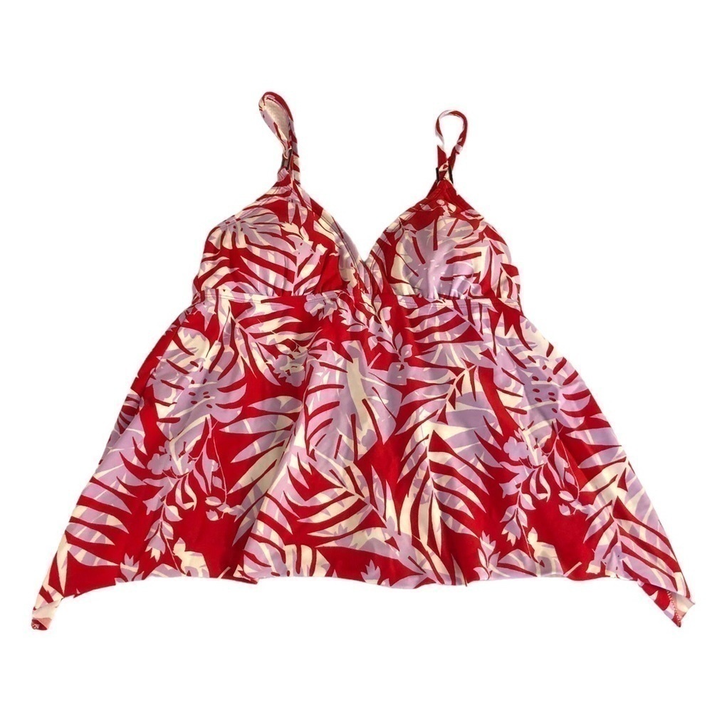 KONA SOL - Red, White & Lavender Tropical Flowy V-Neck Tankini Top - Size Medium